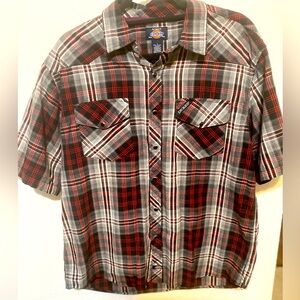 Dickies Men's Red and Black Plaid Button Down Short Sleeved Shirt‎